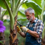Homme taillant un bananier dans un jardin luxuriant