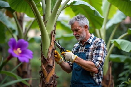 Homme taillant un bananier dans un jardin luxuriant