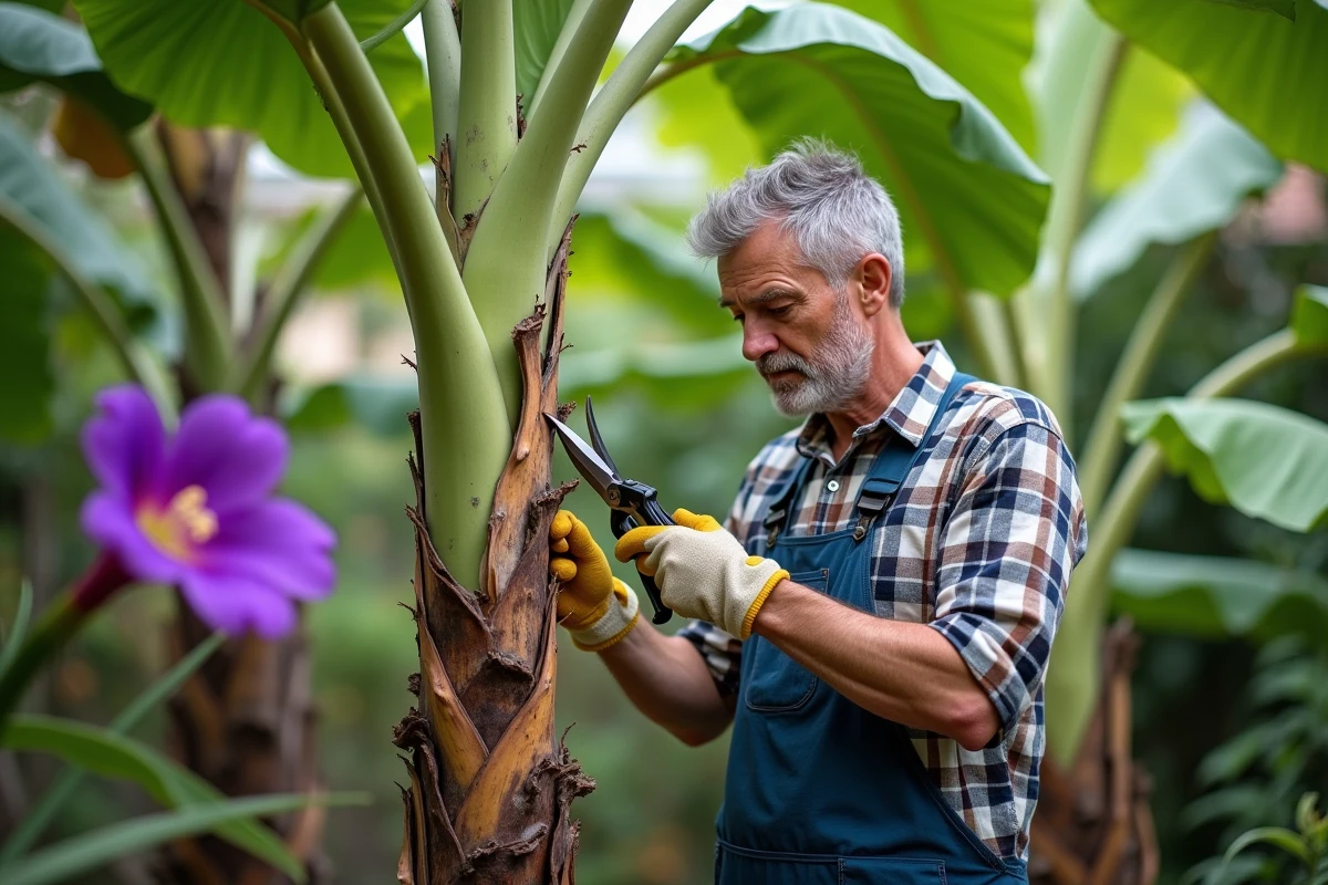 Homme taillant un bananier dans un jardin luxuriant