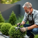 Homme taillant des lauriers dans un jardin moderne