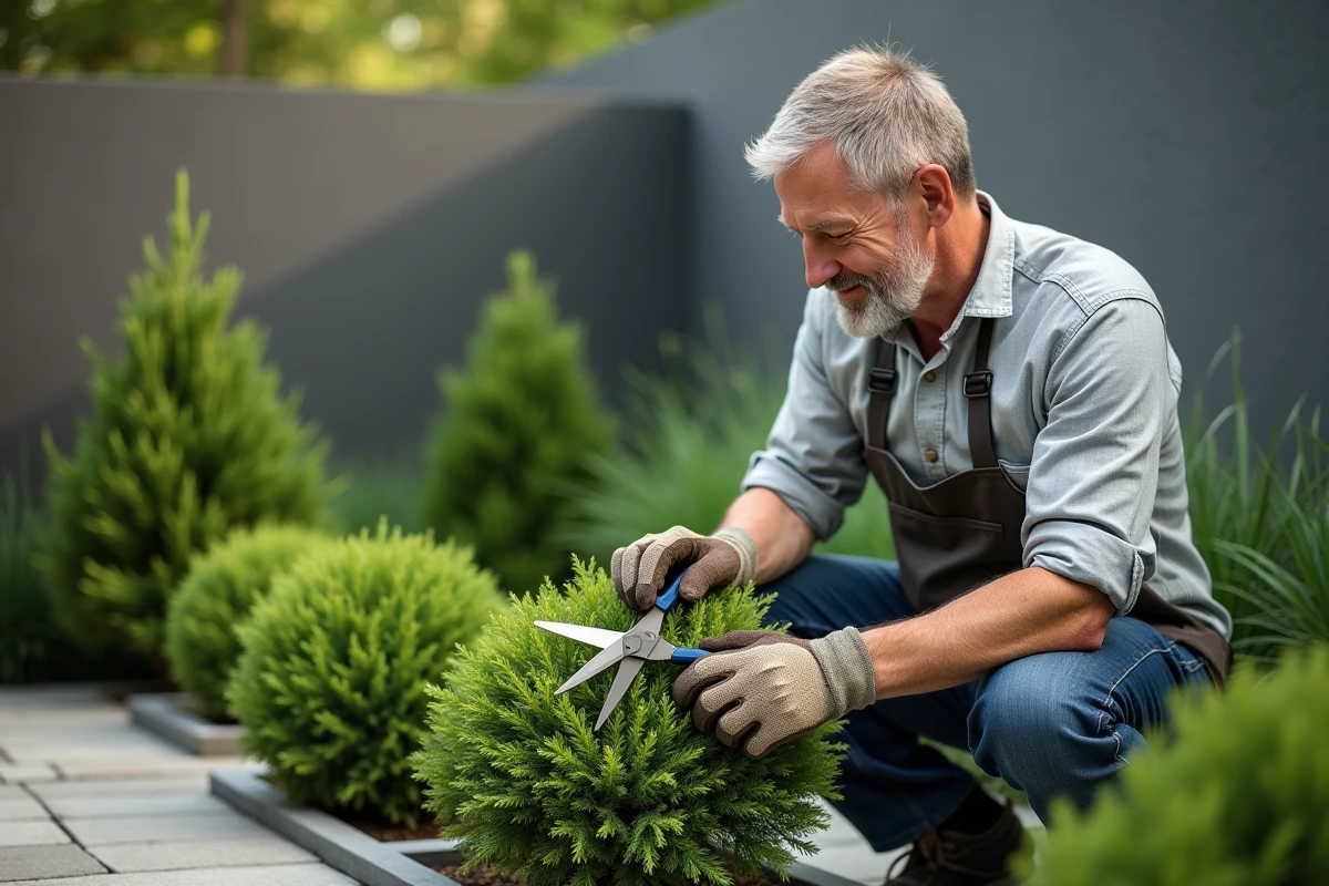 Homme taillant des lauriers dans un jardin moderne