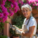 Femme qui taille un bougainvillier en fleur contre un mur en pierre dans un jardin méditerranéen