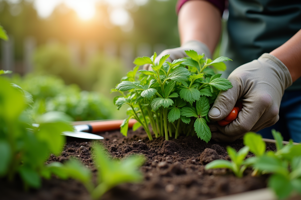 Jardinier taillant des herbes aromatiques en plein air