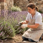 Femme qui taille la lavande après floraison avec un sécateur dans un jardin provençal en pierre