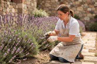 Femme qui taille la lavande après floraison avec un sécateur dans un jardin provençal en pierre