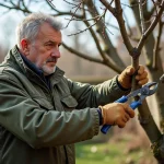 Jardinier en train de tailler un mûrier en fin d'hiver dans un jardin résidentiel avec un sécateur, préparation de haie brise-soleil