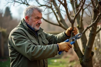 Jardinier en train de tailler un mûrier en fin d'hiver dans un jardin résidentiel avec un sécateur, préparation de haie brise-soleil