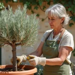 Femme taillant un olivier en nuage dans un pot en terre cuite sur une terrasse en pierre, technique de taille pour débutant