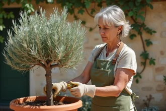 Femme taillant un olivier en nuage dans un pot en terre cuite sur une terrasse en pierre, technique de taille pour débutant
