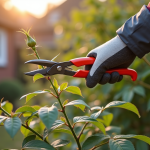 Jardinier taillant un rosier au printemps ensoleille