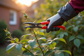 Jardinier taillant un rosier au printemps ensoleille