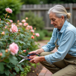 Femme middleaged en jardinage prune des rosiers fanés