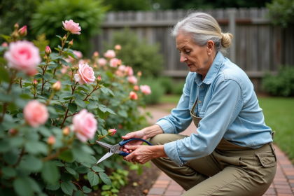 Femme middleaged en jardinage prune des rosiers fanés