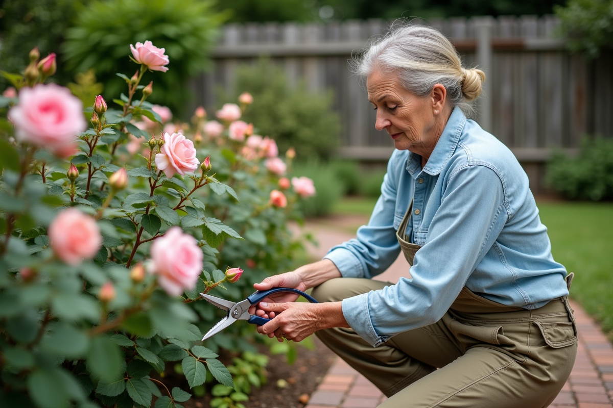 Femme middleaged en jardinage prune des rosiers fanés
