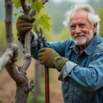 Jardinier âgé taillant une vigne ancienne et nouée avec des sécateurs dans un vignoble traditionnel en pierre sèche
