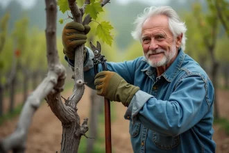 Jardinier âgé taillant une vigne ancienne et nouée avec des sécateurs dans un vignoble traditionnel en pierre sèche
