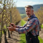 Homme en tenue de travail taillant un arbre fruitier en vigne