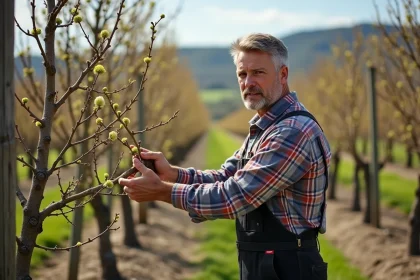 Homme en tenue de travail taillant un arbre fruitier en vigne