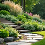 Talus de jardin planté de végétaux avec une allée en pierre et des escaliers en bois sécurisés