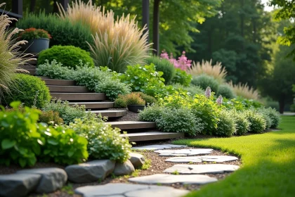 Talus de jardin planté de végétaux avec une allée en pierre et des escaliers en bois sécurisés