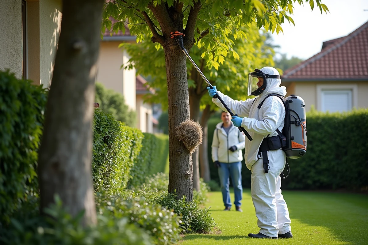 Un technicien de désinsectisation en combinaison de protection traite un nid de frelons asiatiques en hauteur dans un arbre avec une perche