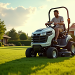 Personne conduisant une tondeuse moderne dans un jardin vert