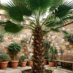 Palmier Trachycarpus fortunei dans un petit jardin urbain avec mur en pierre et plantes méditerranéennes