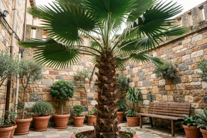 Palmier Trachycarpus fortunei dans un petit jardin urbain avec mur en pierre et plantes méditerranéennes