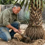 Jardinier exposant la racine d'un gros yucca avec une bêche pour préparer la transplantation dans un jardin sec