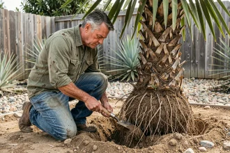 Jardinier exposant la racine d'un gros yucca avec une bêche pour préparer la transplantation dans un jardin sec