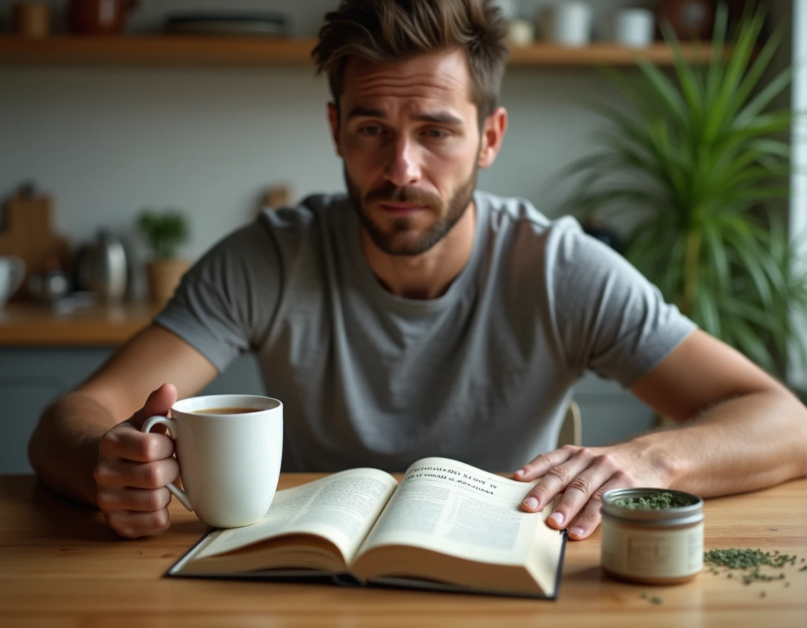 Homme consultant un guide de phytothérapie sur le Peucedanum graveolens avec une infusion chaude dans une cuisine moderne