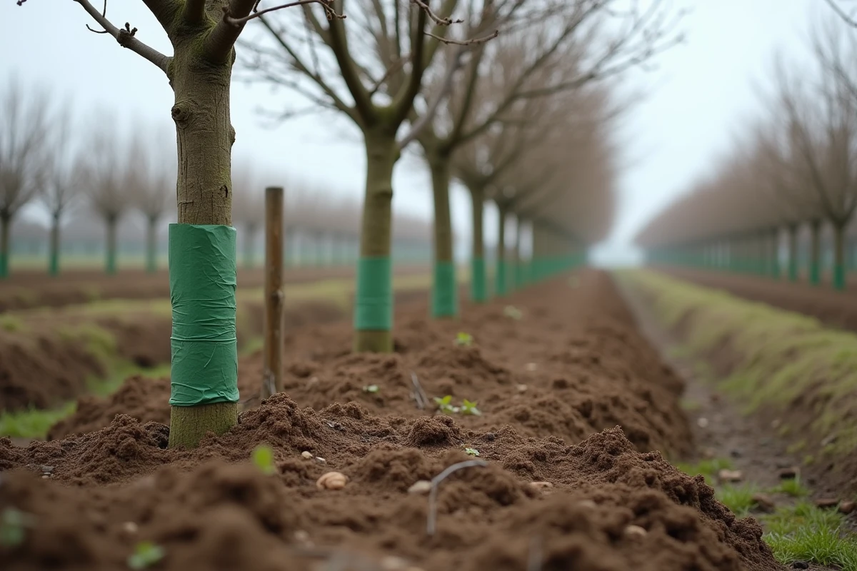 Rangée de jeunes noyers greffés dans un verger au printemps avec unions de greffe visibles