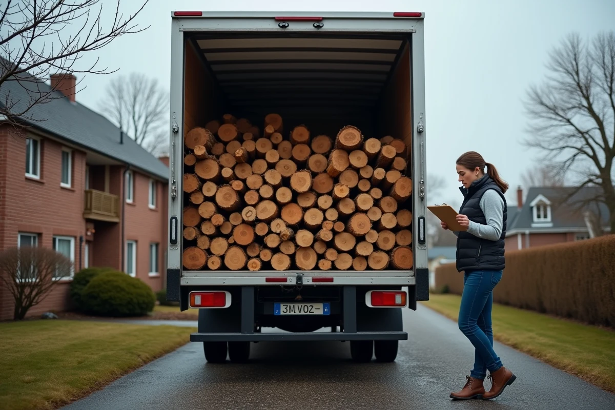 Femme vérifiant la quantité de bois livré à l'arrière d'un camion de livraison sur une allée gravillonnée