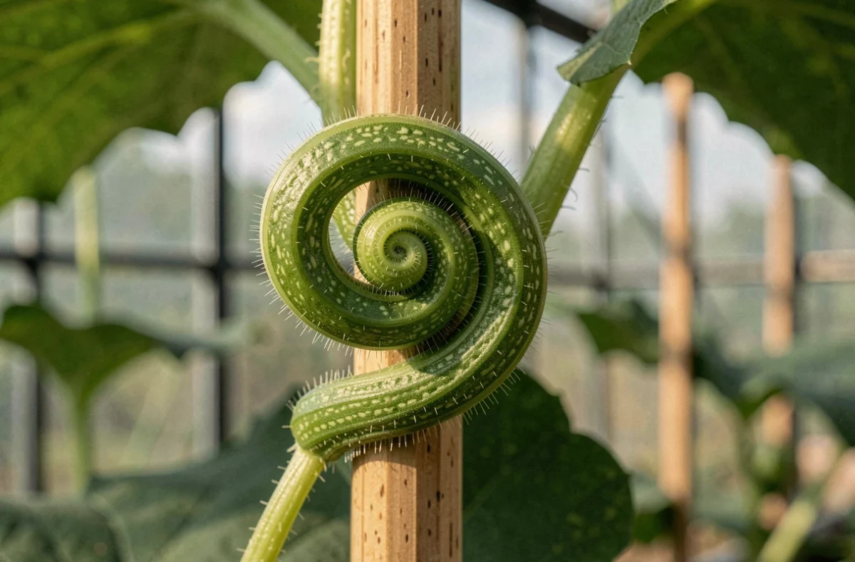 Vrille de cucurbitacée en spirale s'enroulant autour d'un tuteur en bambou, détail macro révélant la géométrie naturelle de la plante grimpante