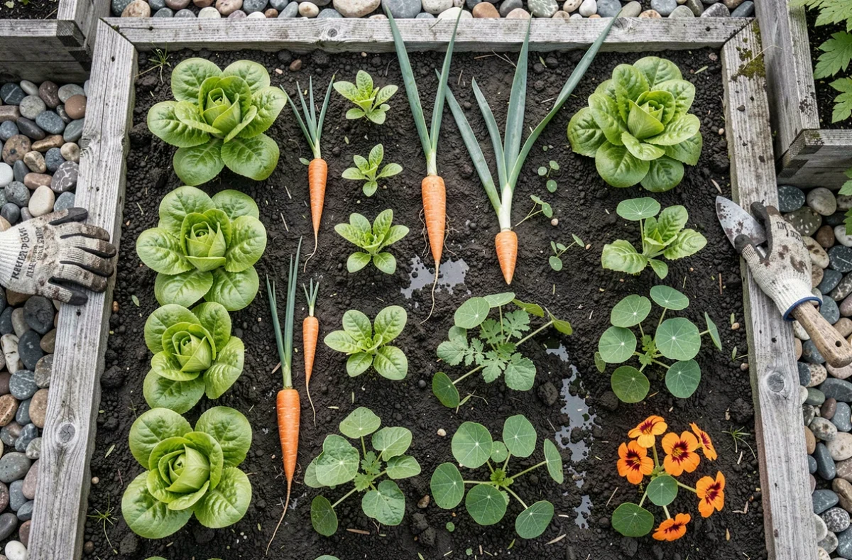 Vue aérienne d'un carré potager avec associations de légumes : laitue, carottes, poireaux et capucines plantés en rangées alternées