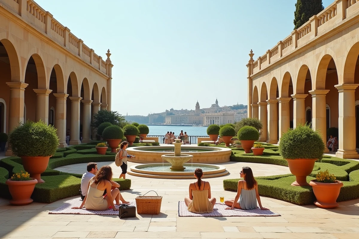 Vue d'ensemble des jardins Barrakka à Valletta avec l'arcade en pierre et le Grand Port en arrière-plan